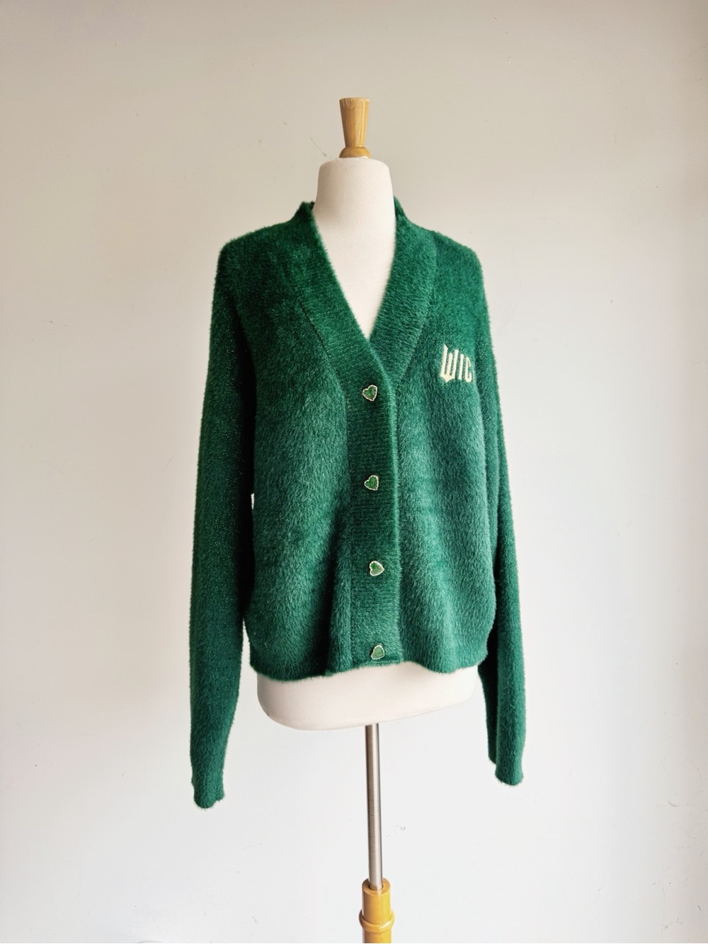 Wicked x Katie Kime Emerald Green Fuzzy Cardigan Gold Sparkle Sweater L